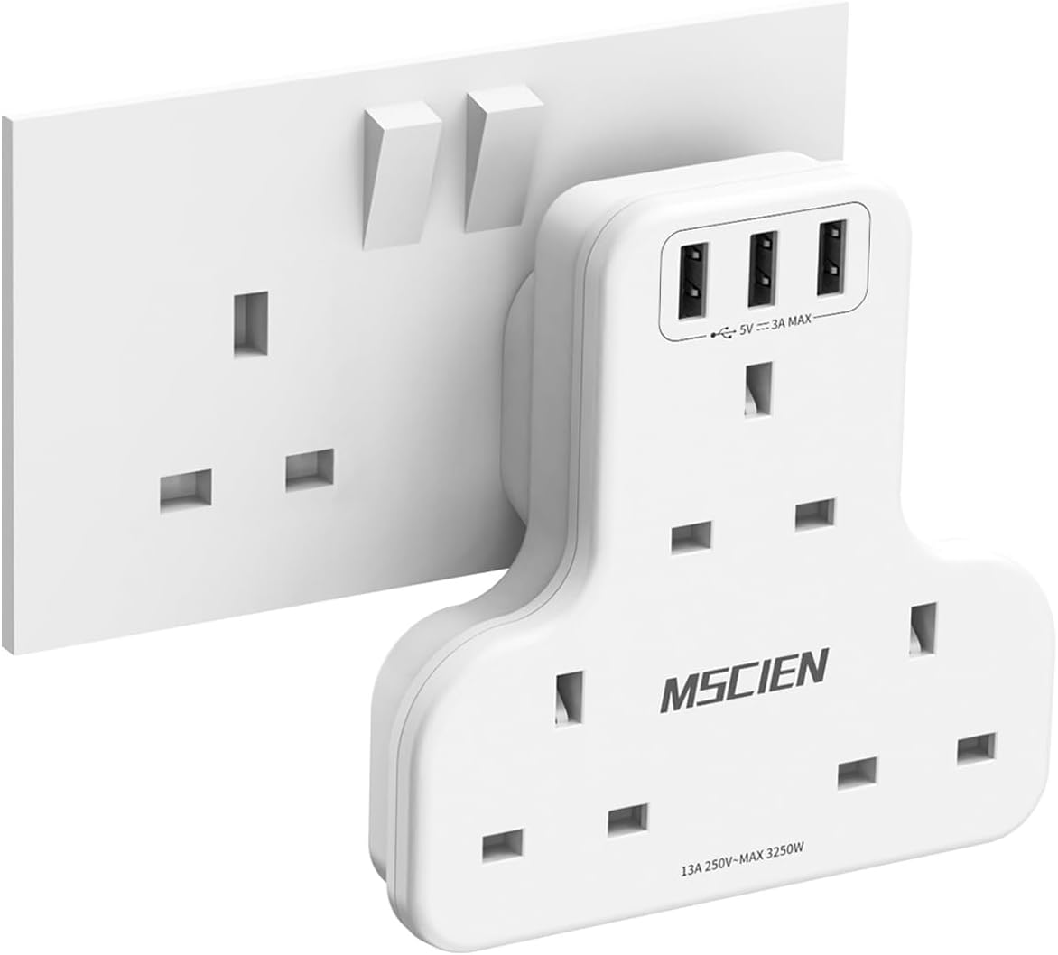 Mscien Plug Extension with USB, 3 Way Plug Adapter Multi Plug Adaptor Sockets Ex...