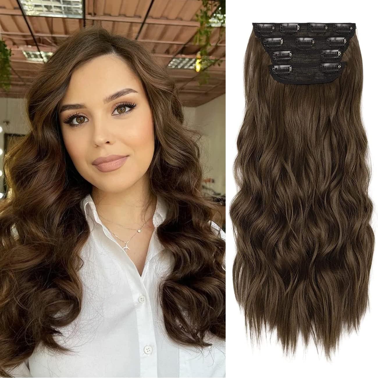 20 Inches Dark Brown Hair Extensions clip in, 4Pcs Synthetic Clip in Hair Extens...
