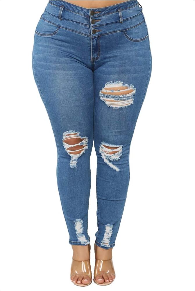 ALLABREVE Women Plus Size Ripped Stretch Skinny Jeans, High Rise Distressed Deni...