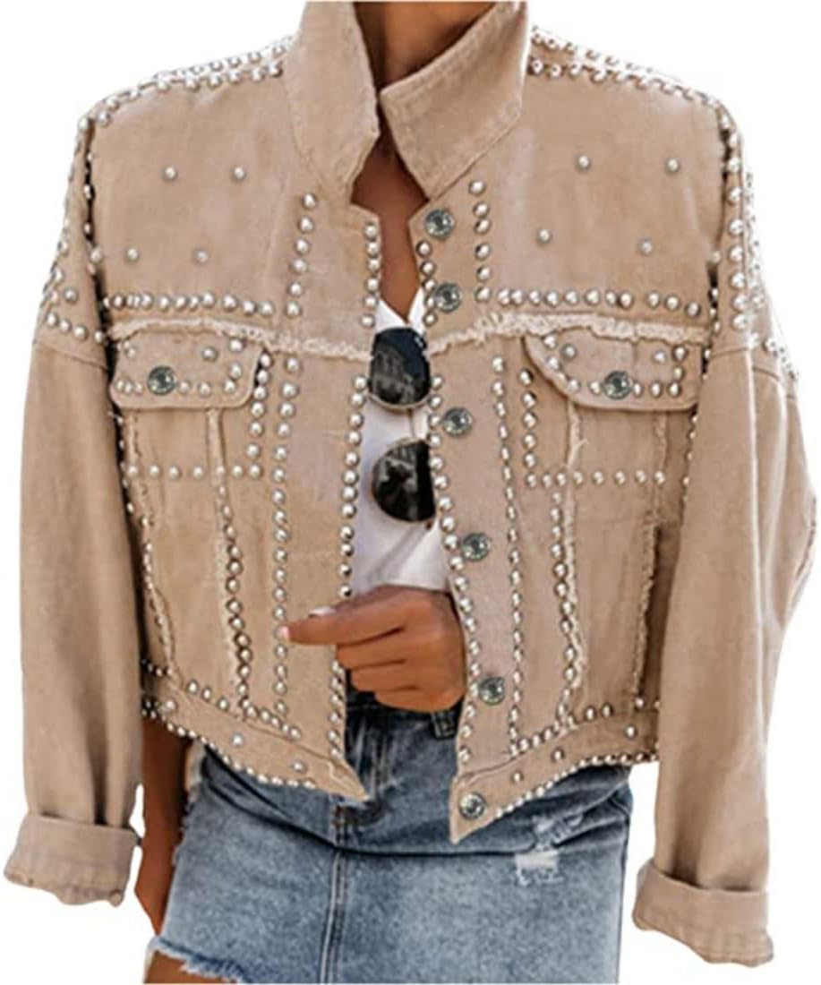Omoone Women's Long Sleeve Rivet Studded Denim Jacket Casual Washed Pearl Short...