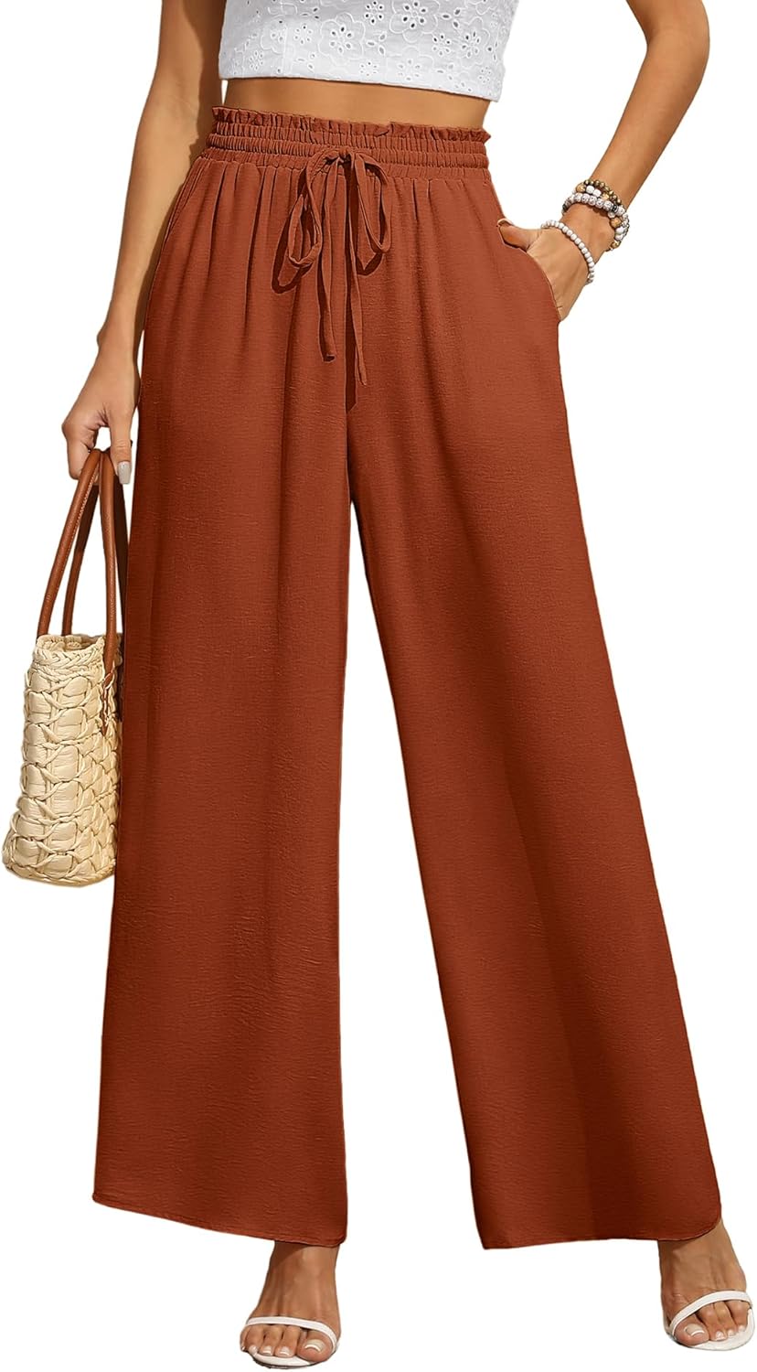 CZYINXIAN Women's Casual Wide Leg Pants Flowy Adjustable Tie Knot Elastic Waist...