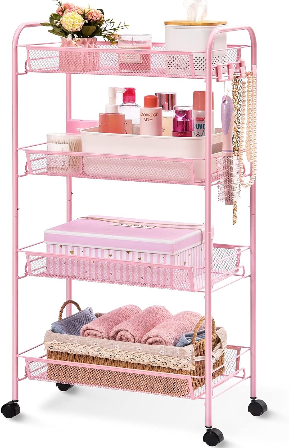 TOOLF 4-Tier Rolling Cart, Metal Utility Cart with 3 Hooks, Easy Assemble Mobile...