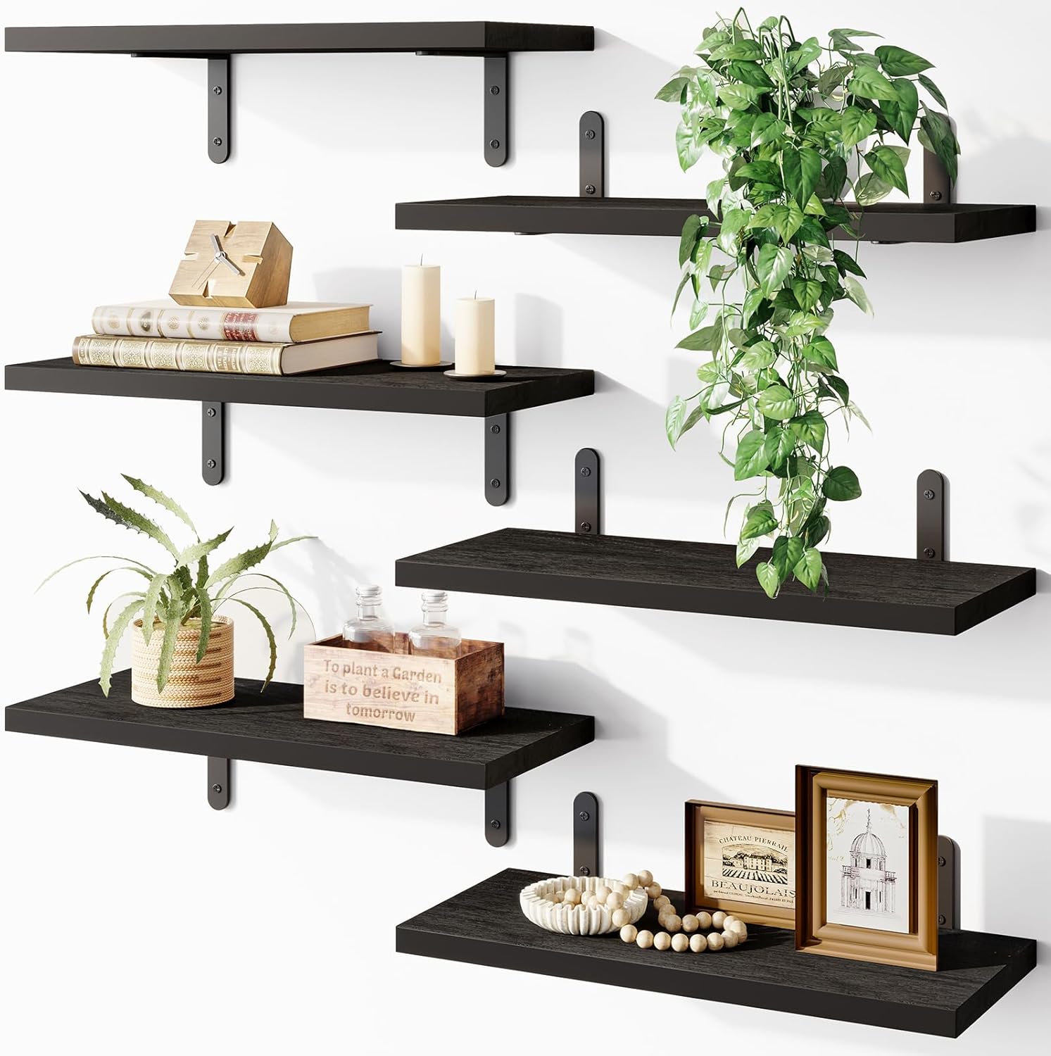 Fixwal Black Wall Floating Shelves for Bedroom, Shelves for Room Wall Set of 6,...