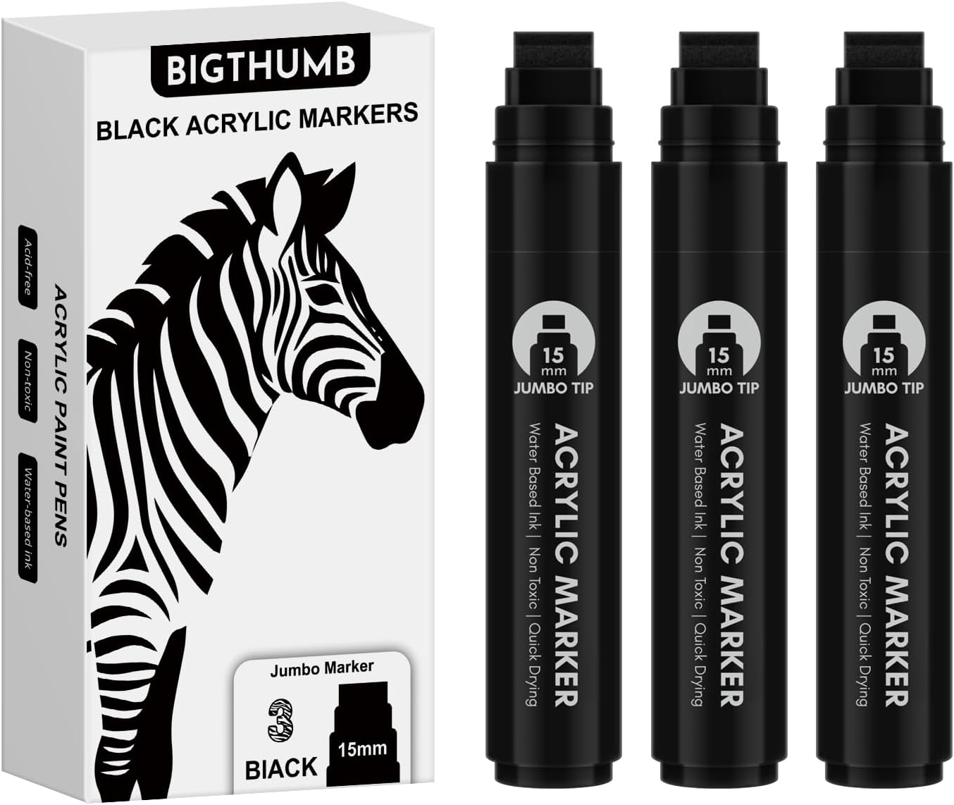 3 Pcs Black Jumbo Permanent Markers: 15mm Wide Tip Thick Acrylic Paint Pen Large...