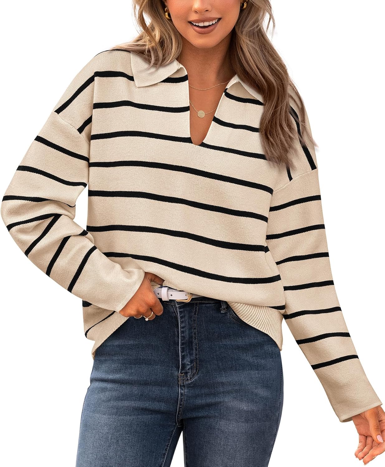 CFLONGE Women's Casual Striped Pullover Sweater Long Sleeve Polo V Neck Lightwei...