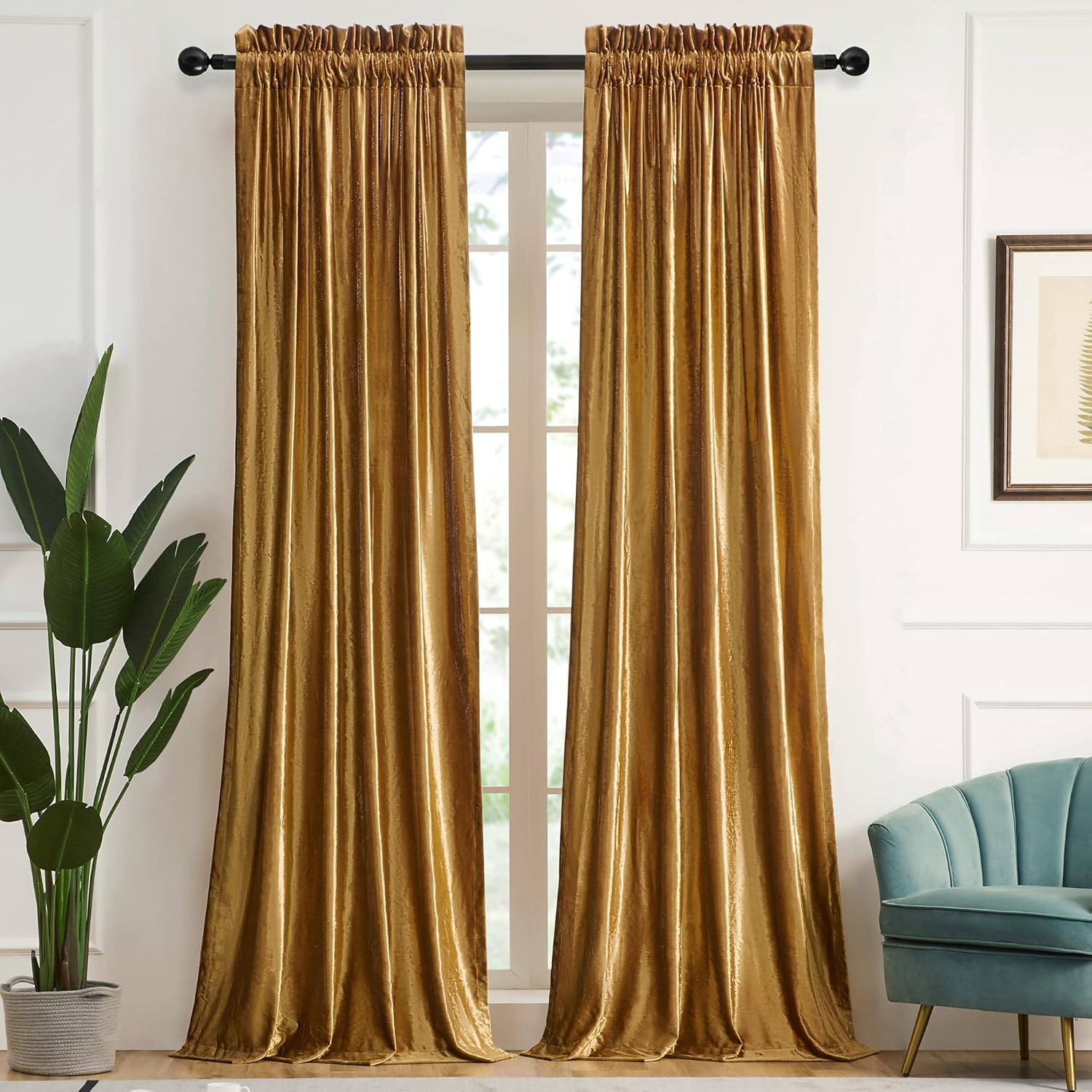 PRIMROSE Gold Curtains 90 inch for Living Room Velvet Blackout Rod Pocket Window...