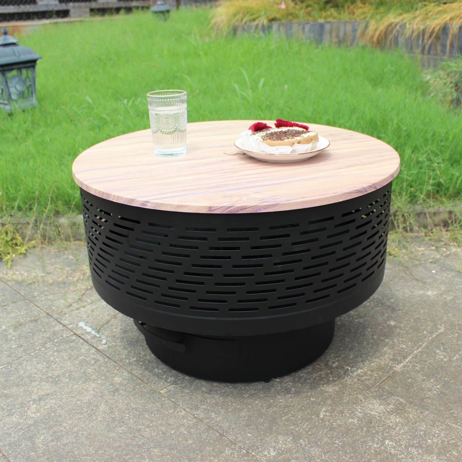 26" Wood Burning Fire Pits with Grill & Lid, Fire Pit Table for Outside with Wat...