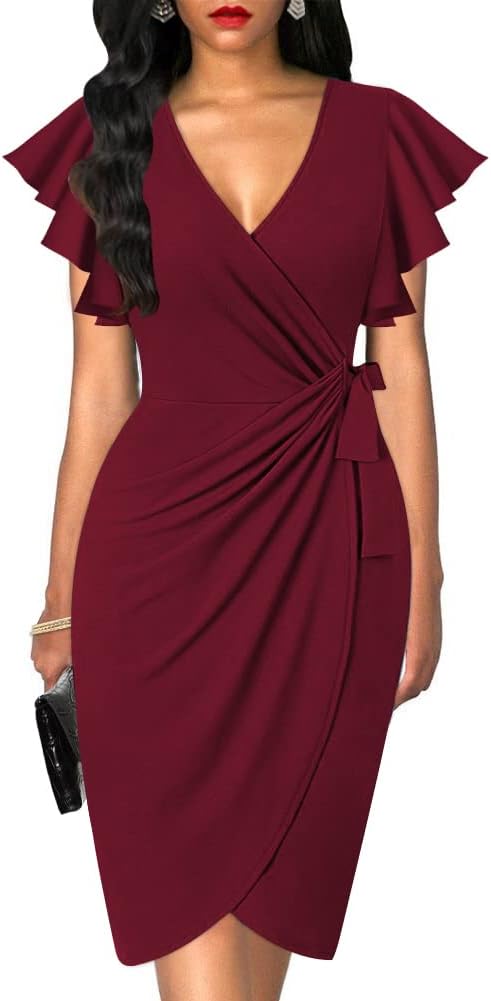 oten Dress, Special Womens Deep V Neck Dress with Ruffle Sleeve Design, Innovati...