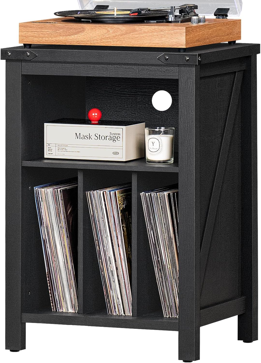 Record Player Stand with Vinyl Record Storage,Black Record Player Table Holds up...