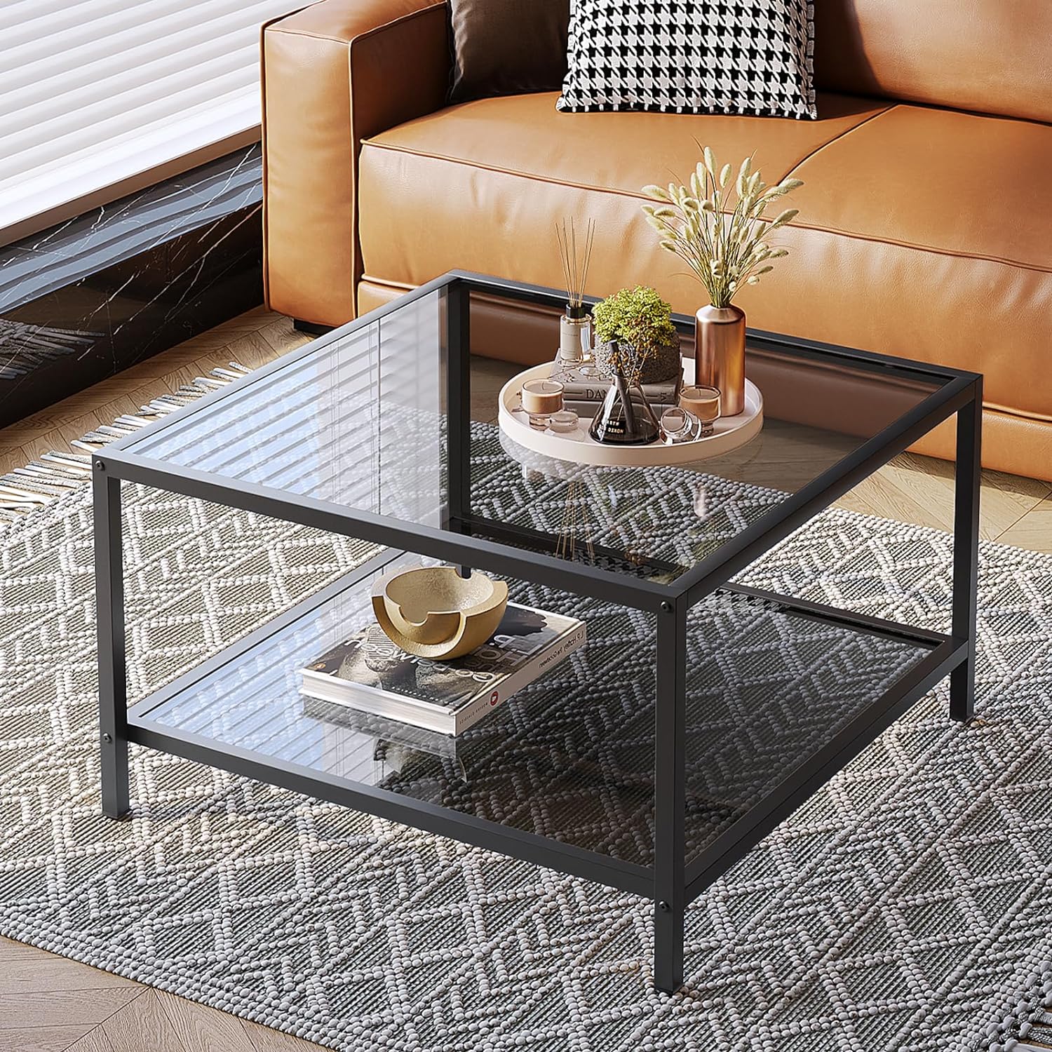 SAYGOER Modern Coffee Table Small Glass Coffee Table with Storage 2-Tier Simple...