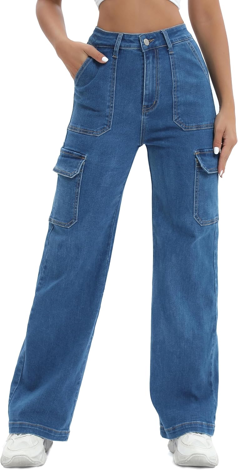 Women Cargo Jeans High Waist Y2K Straight Leg Trendy Stretchy Lightweight Jeans...