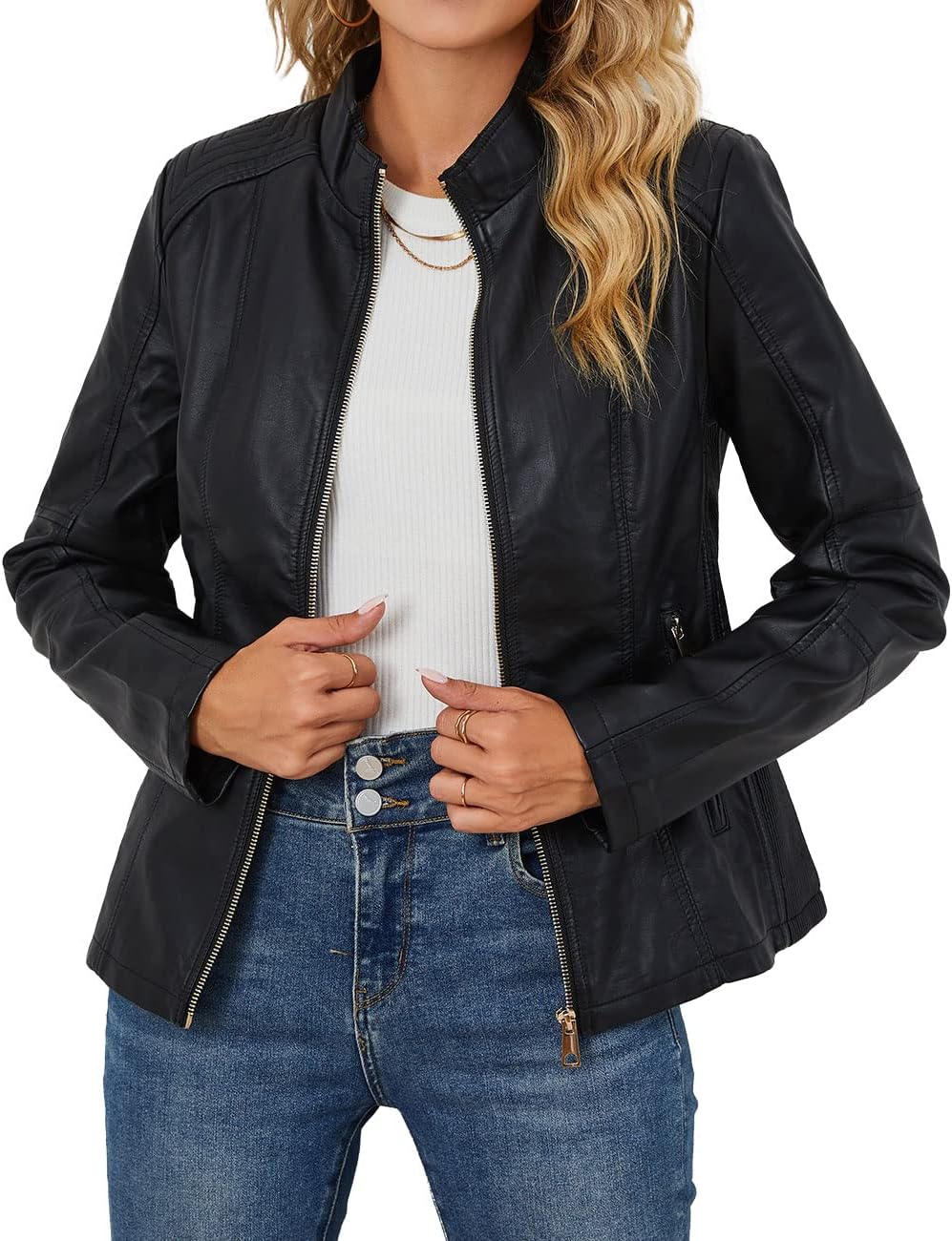 Bellivera Faux Leather Jacket Women Motorcycle Zipper Bomber PU Bike Coat with P...
