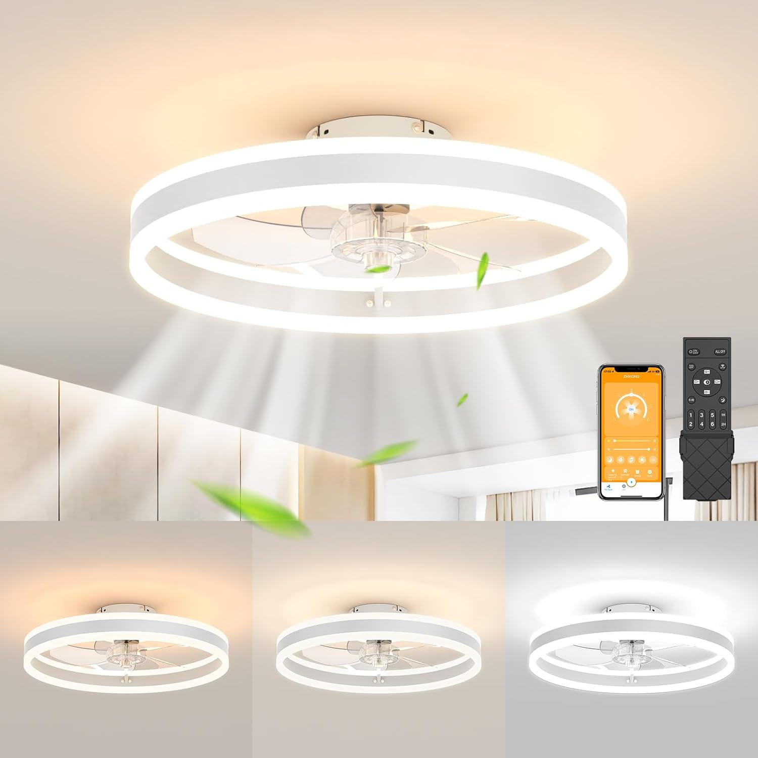 Low Profile Ceiling Fans with Lights,19.7in Flush Mount Ceiling Fan Light with R...