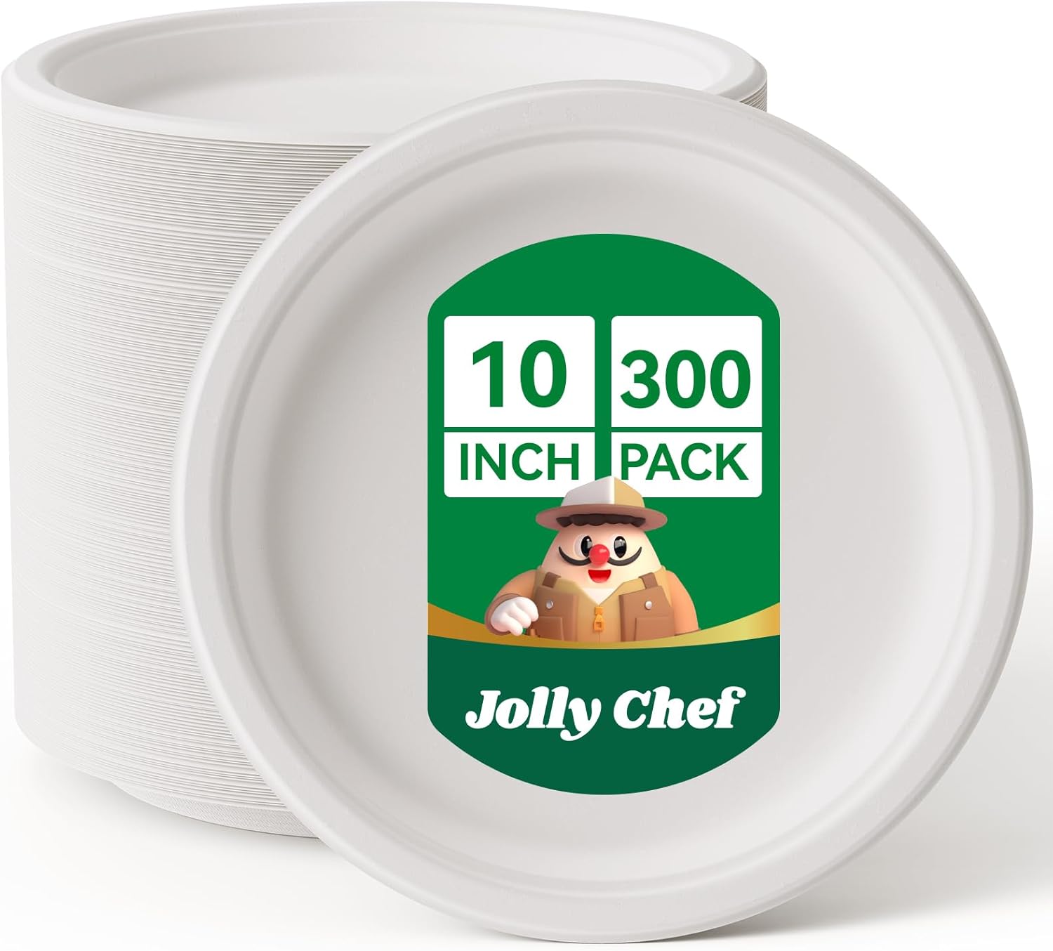JOLLY CHEF Compostable Heavy Duty Plates 10 Inch [300 Pack] Eco-Friendly Disposa...