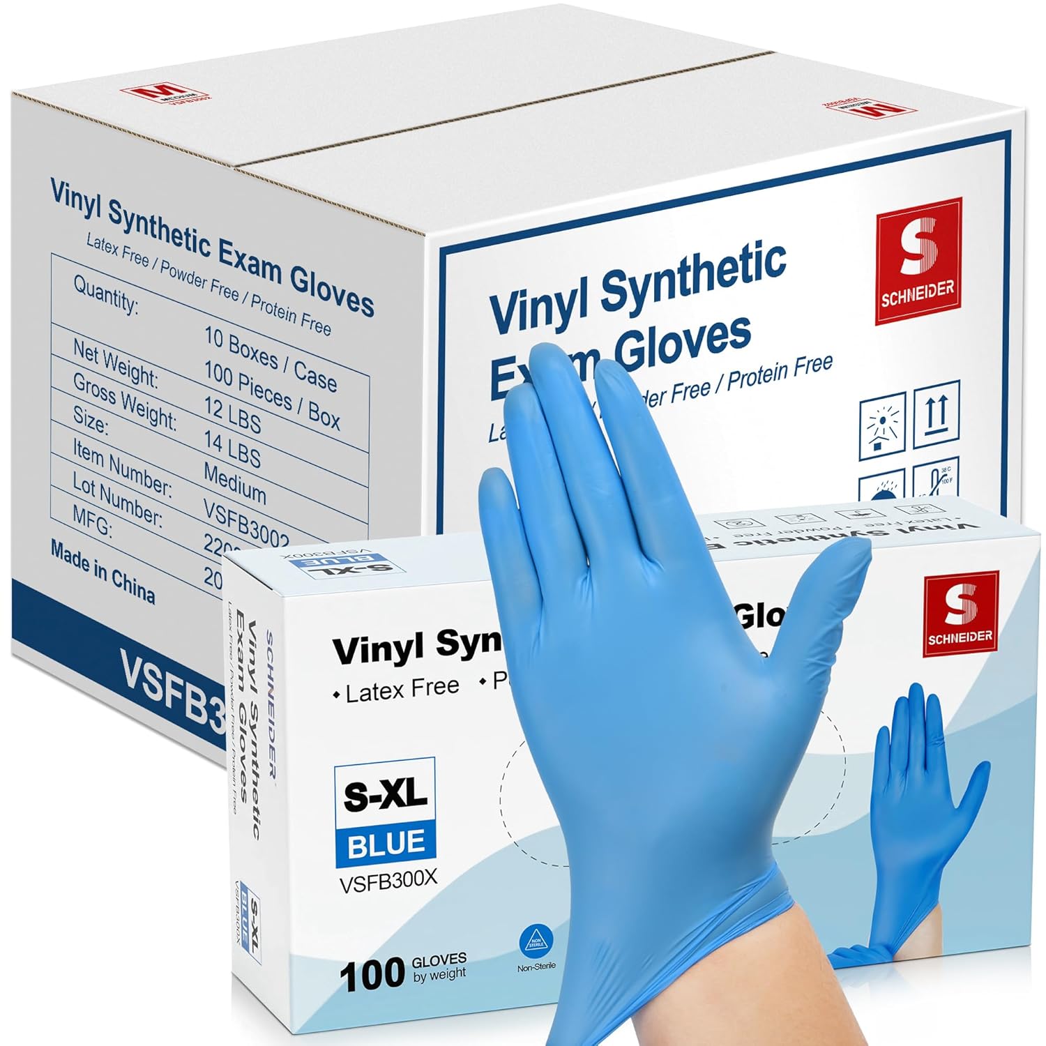 Schneider Blue Vinyl Synthetic Exam Gloves, Large, Case of 1000, 4-mil, Powder-F...