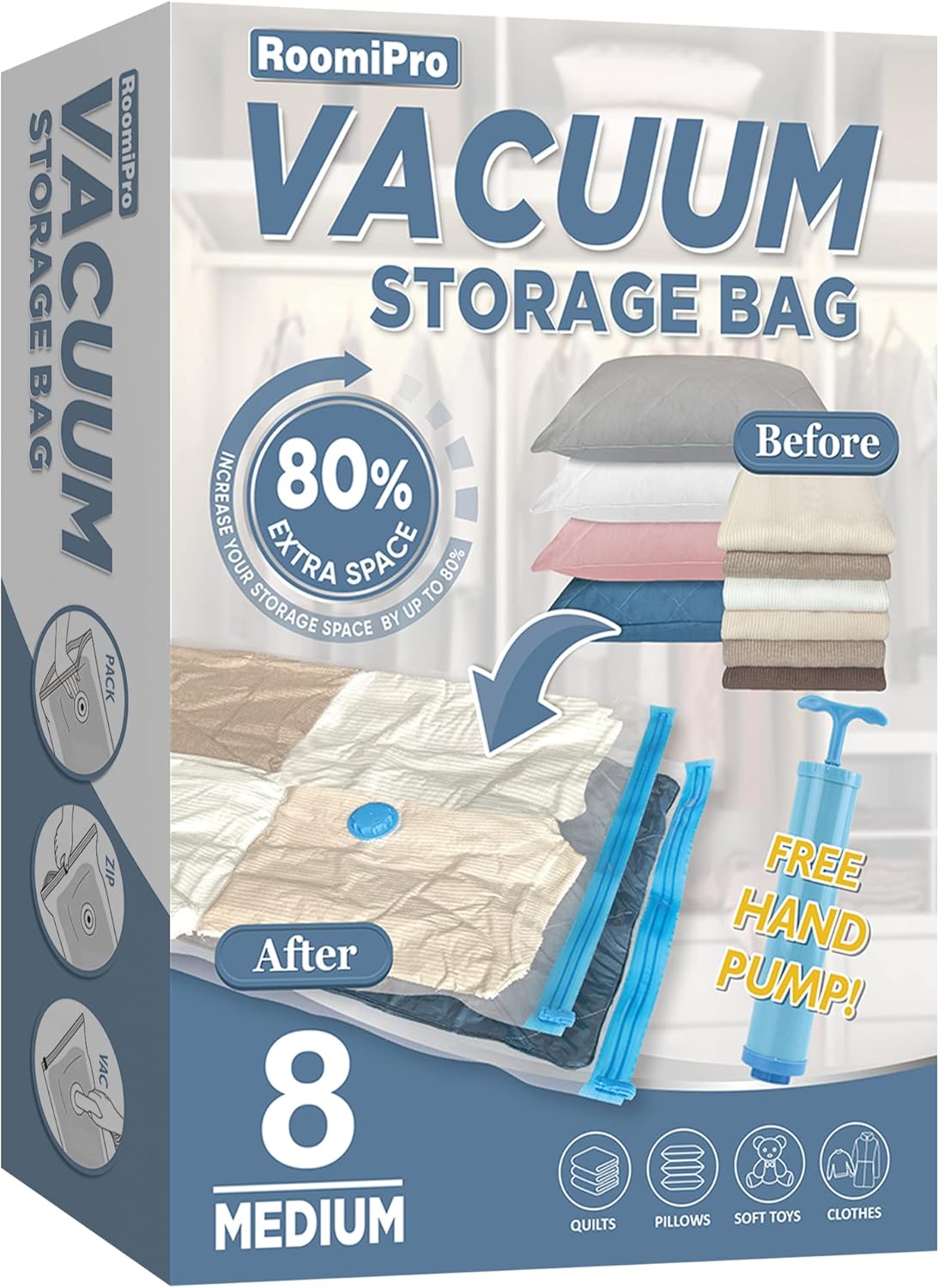 Space Saver Vacuum Storage Bags, 8 Medium Vacuum Sealer Bags with Pump, Storage...