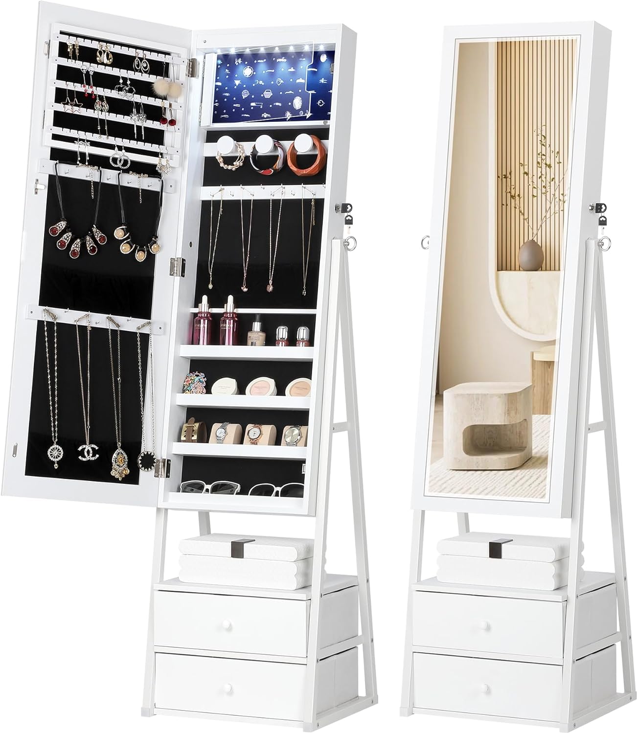Nicetree Jewelry Cabinet Armoire with 2 Drawers, Lockable Standing Jewelry Mirro...