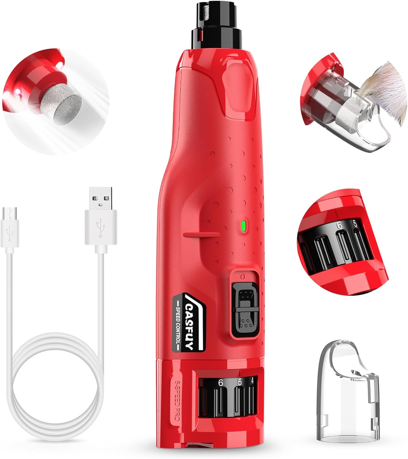 Casfuy Dog Nail Grinder Quiet - (45db) 6-Speed Pet Nail Grinder with 2 LED Light...
