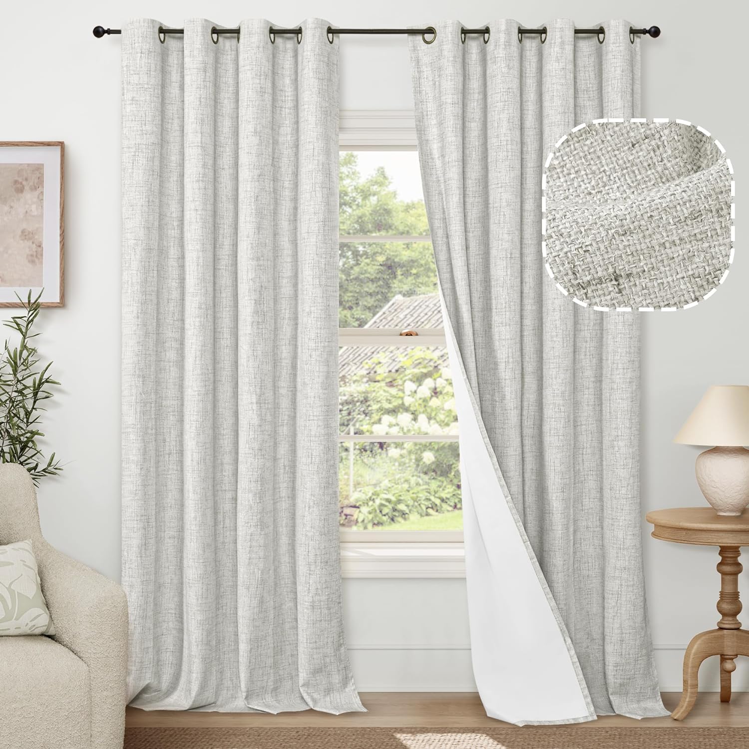 100% Blackout Linen Curtains for Living Room 90 Inch Length 2 Panels Set, Faux L...