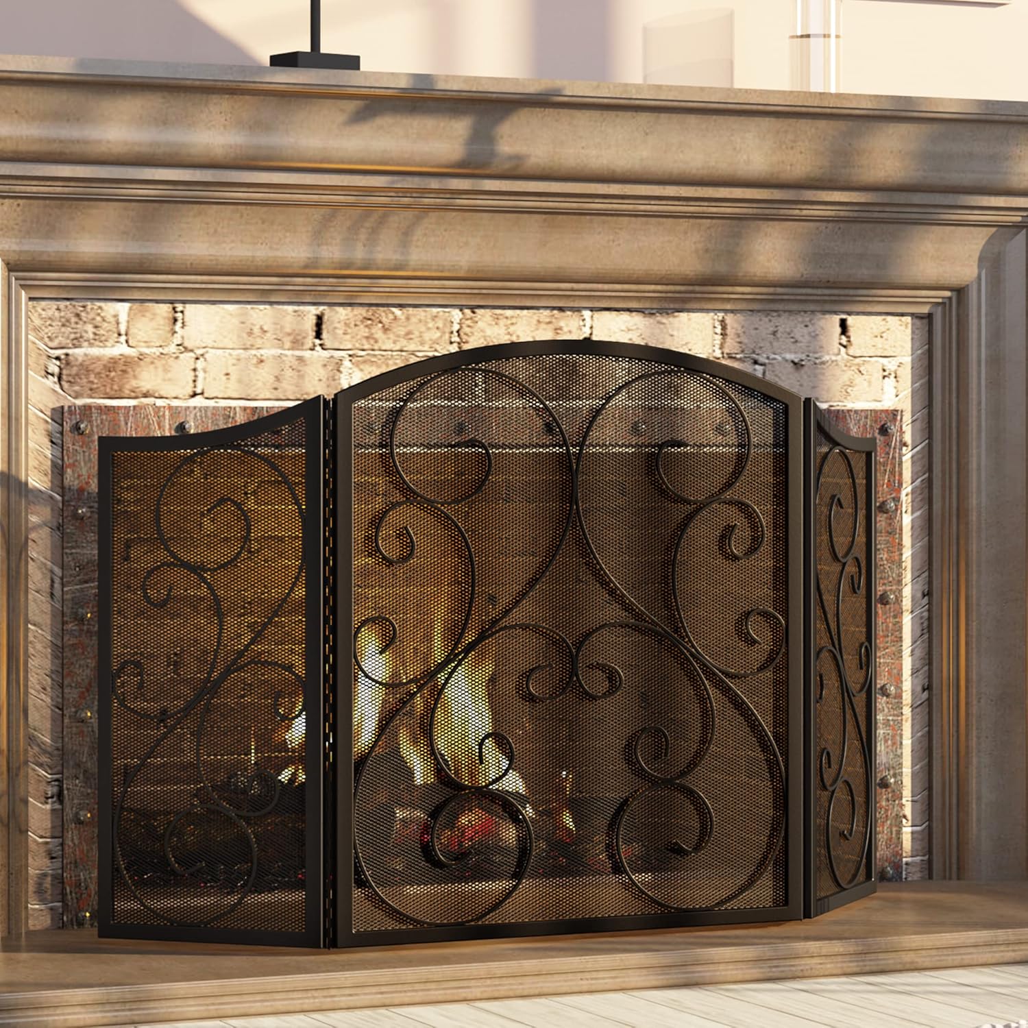 Fire Beauty Fireplace Screen 3 Panel Wrought Iron Metal 48"(L) x30(H) Spark Guar...