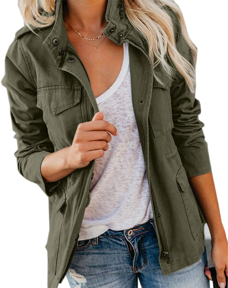 Soulomelody Women Military Anorak Jackets Zip Up Snap Buttons Parka Safari Utili...