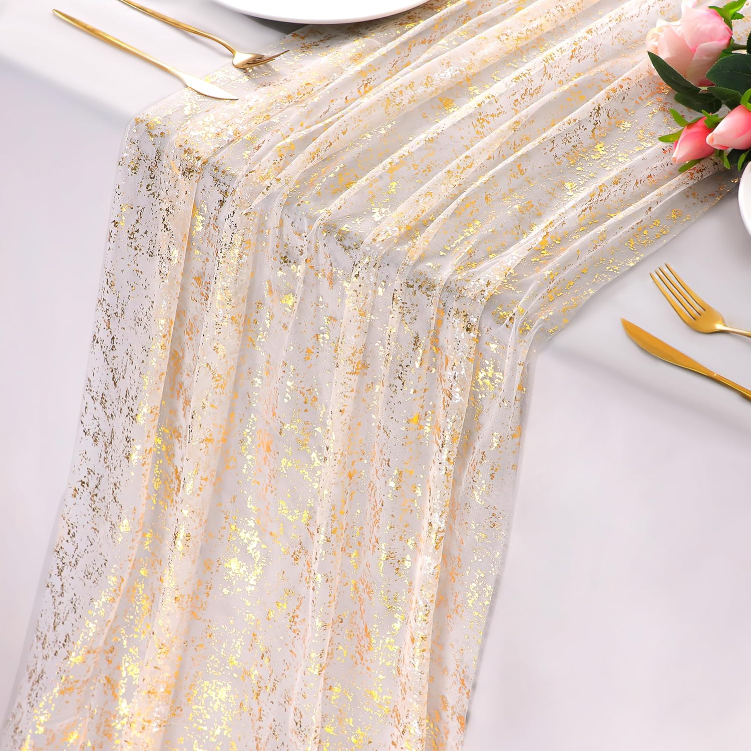 Snowkingdom 10Ft Gold Table Runner, Gold Gauze Sheer Chiffon Cheesecloth Runner...