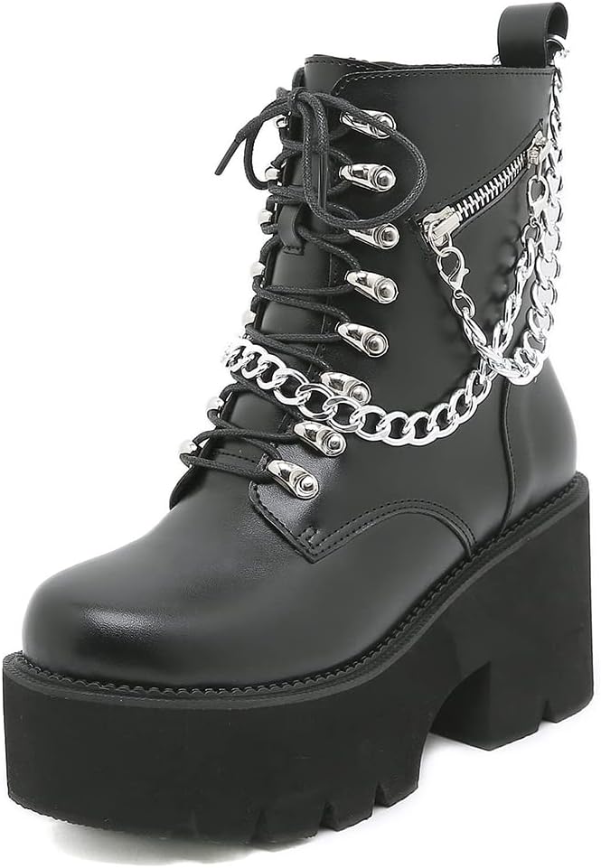mikarka Women's Chain Platform Boots Lace Up & Zipper Chunky Heel Black Combat A...