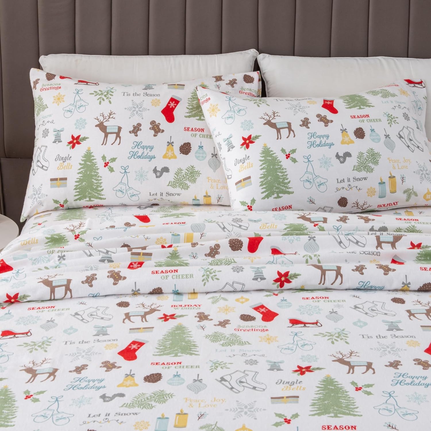 Great Bay Home Christmas Flannel Sheet Set Queen Size - 100% Turkish Cotton, Dou...