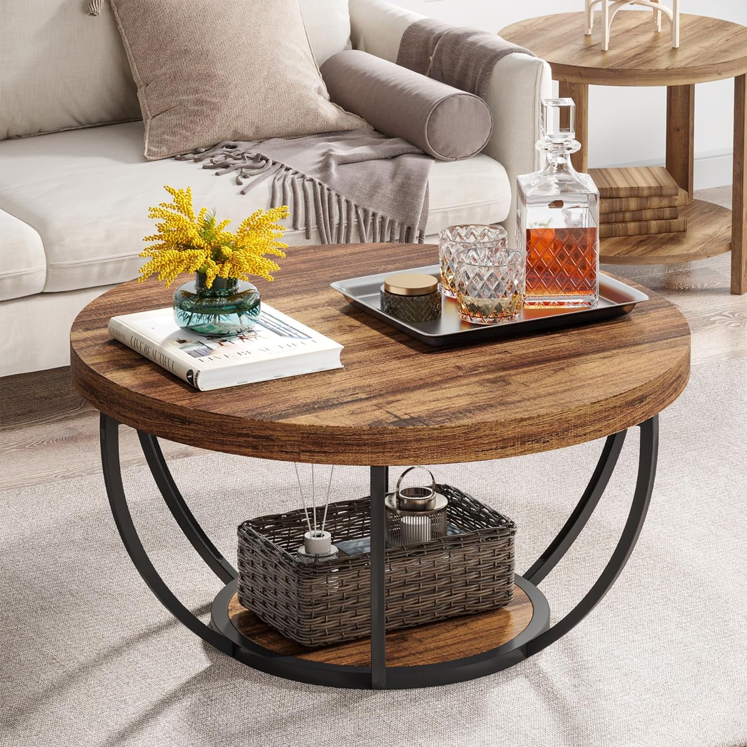 Tribesigns Round Coffee Table, Industrial 2-Tier Circle Coffee Table with Storag...