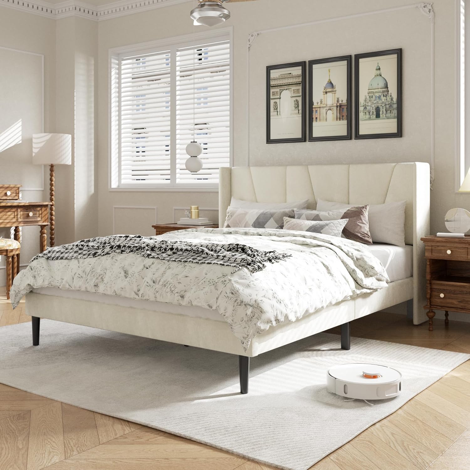 Queen Size Bed Frame with Headboard, Velvet Upholstered Platform Bed Frames, Con...