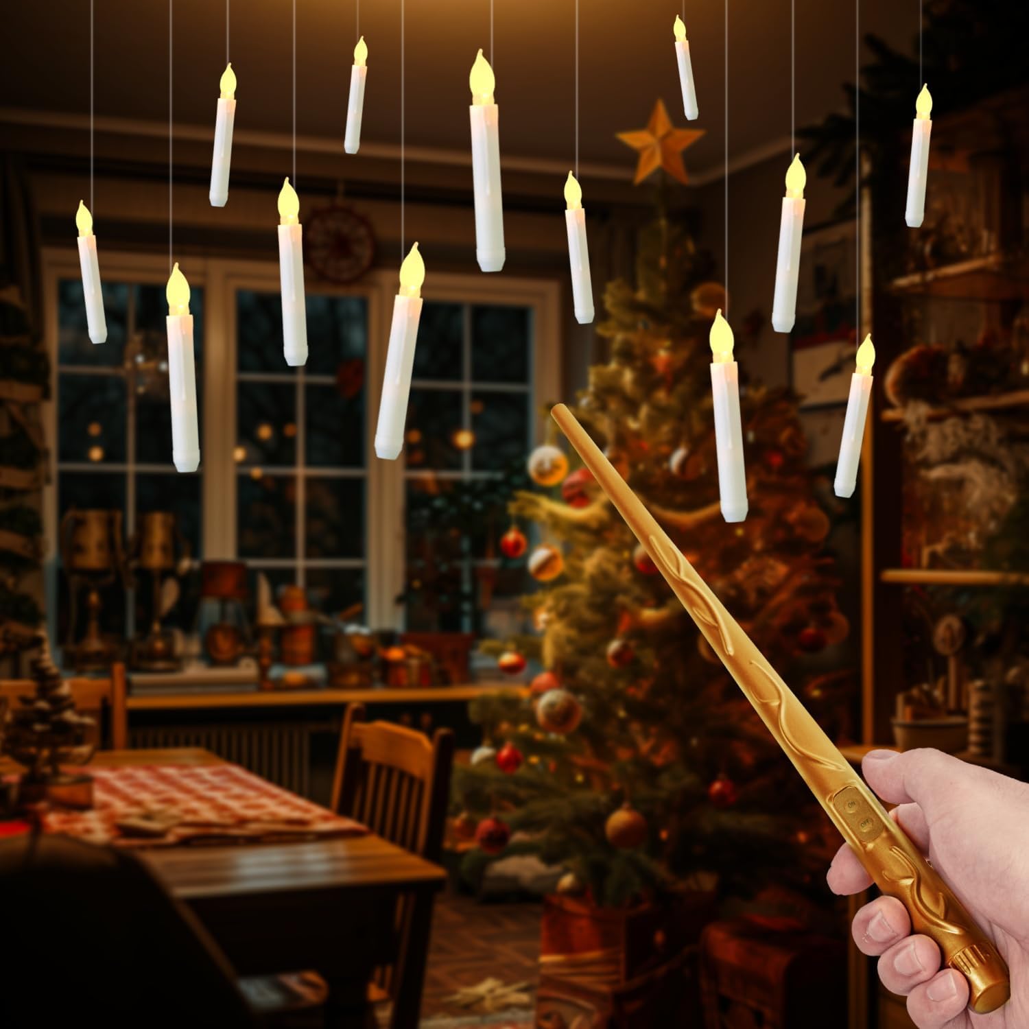 Floating Candles with Wand, 12 Pcs Magic Hanging Candles Flameless, Flickering W...