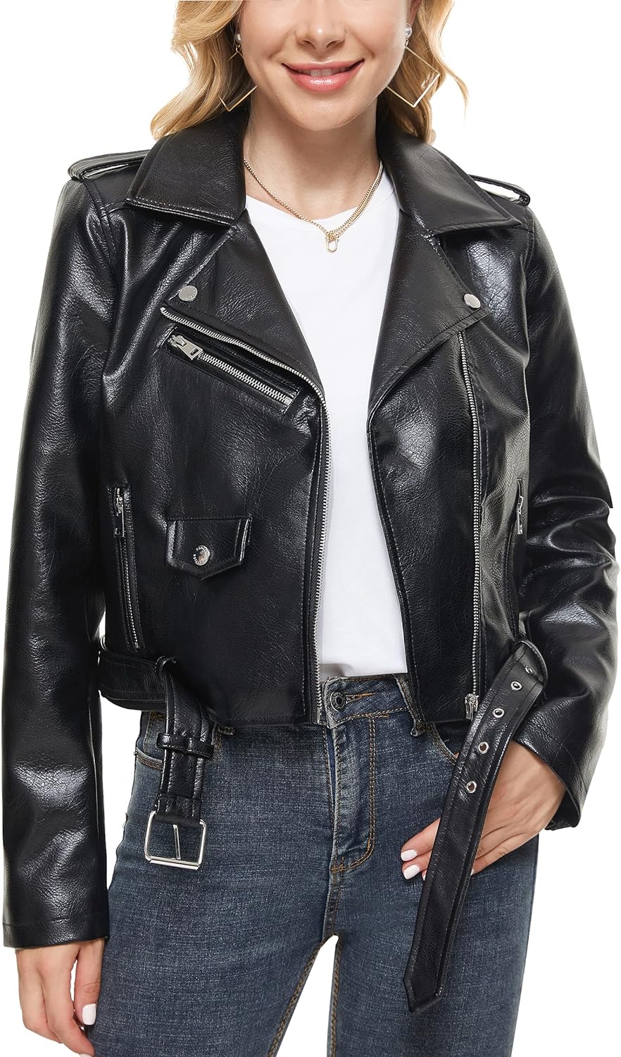 Fahsyee Faux Leather Jacket for Women, Vegan Jackets Moto Biker Motocycle Coat S...