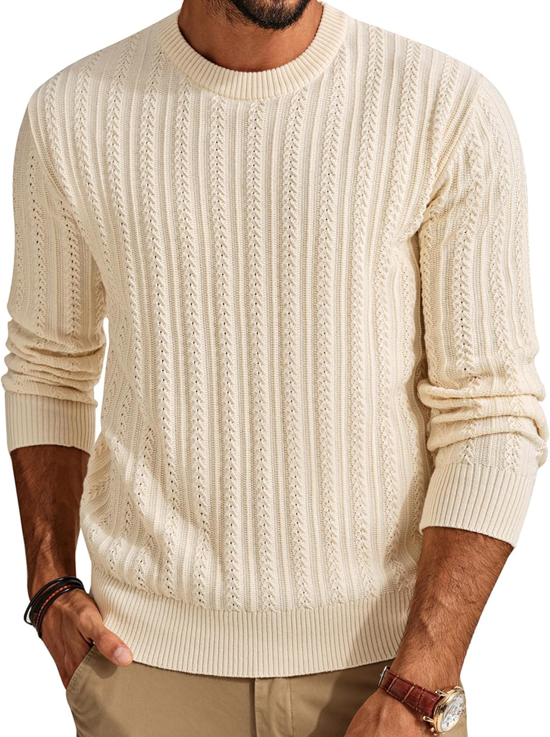 PJ PAUL JONES Mens Crew Neck Sweater Lightweight Cable Knitted Pullover Sweaters...