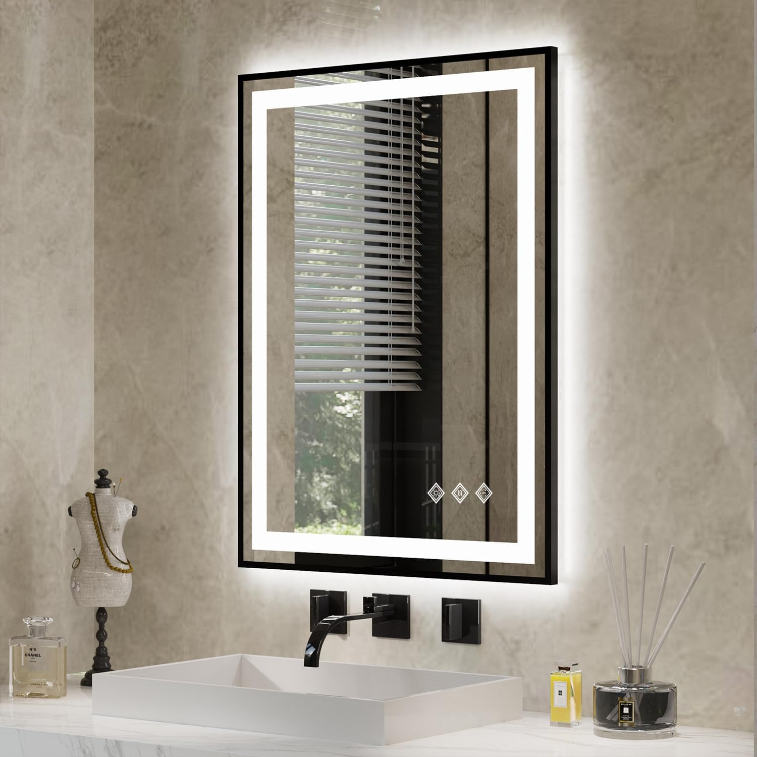 LED Bathroom Mirror, 24x32 Inch Black Framed Gradient Front and Backlit LED Mirr...