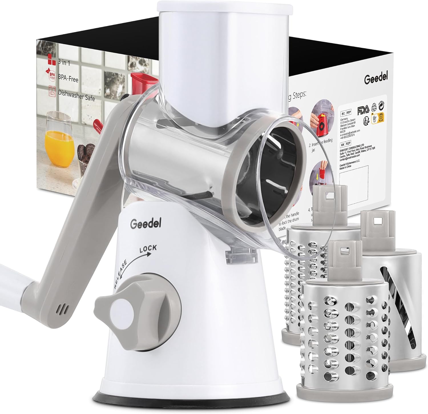 Geedel Rotary Cheese Grater, Kitchen Mandoline Vegetable Slicer with 3 Interchan...