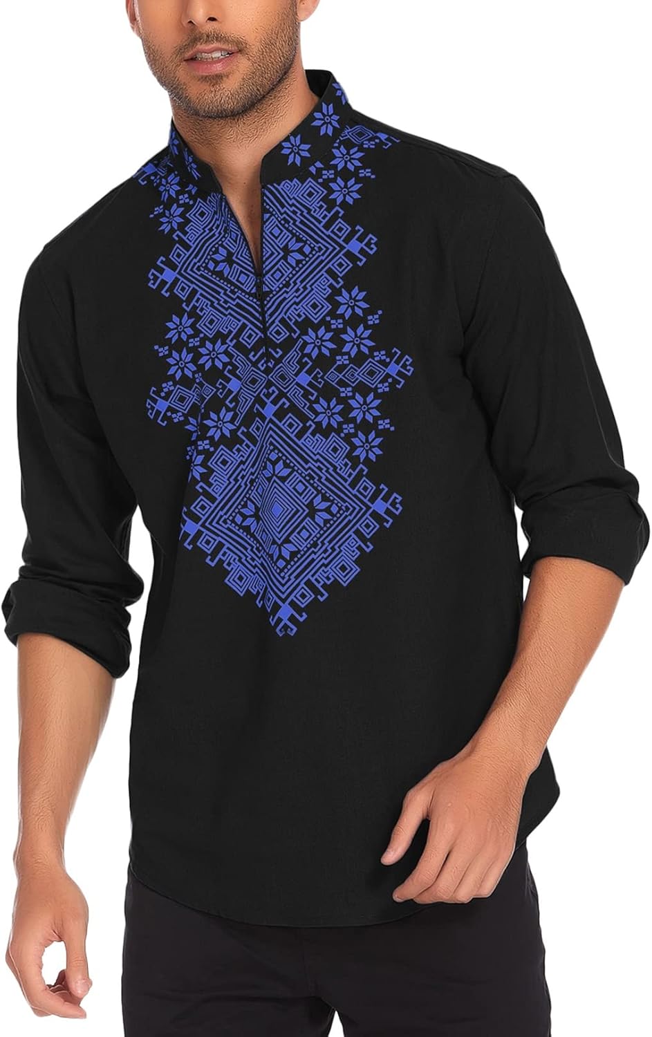 COOFANDY Men's Henley Shirt Vyshyvanka Long Sleeve African Print Shirts Casual Z...