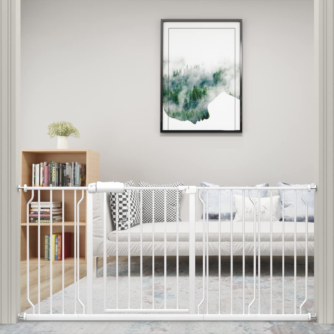 WAOWAO Extra Wide Baby Gate 71.65-76.38" Walk Thru Pressure Mount Auto Close Whi...