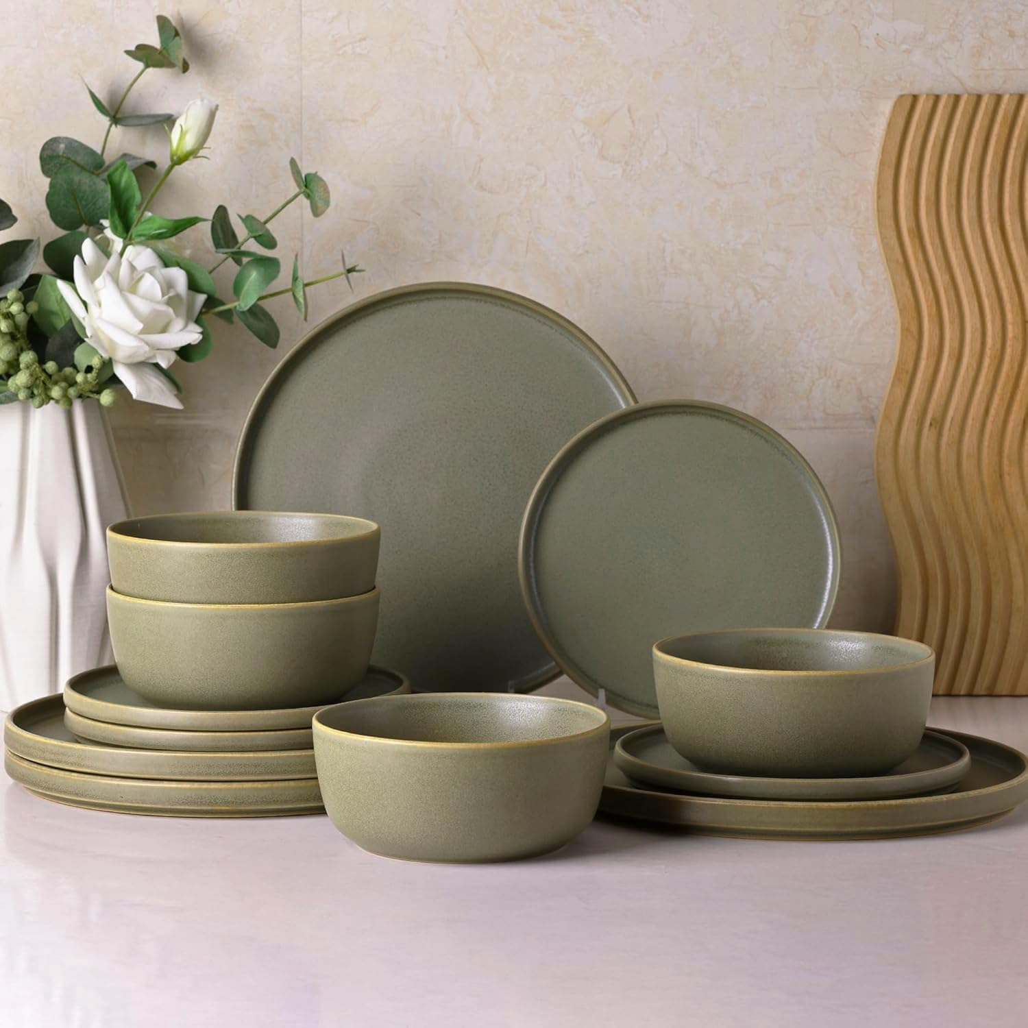 AmorArc Stoneware Dinnerware Sets of 4, Reactive Ceramic Plates and Bowls Set,Hi...