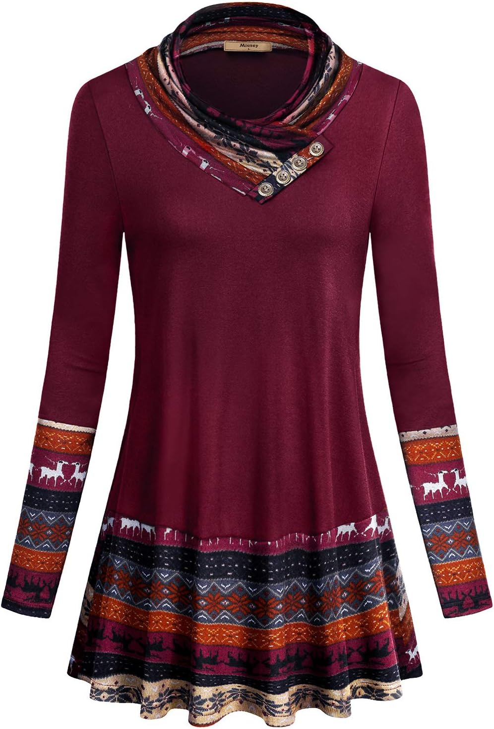 Miusey Women's Long Sleeve Cowl Neck Form Fitting Casual Tunic Top Blouse A Wine...