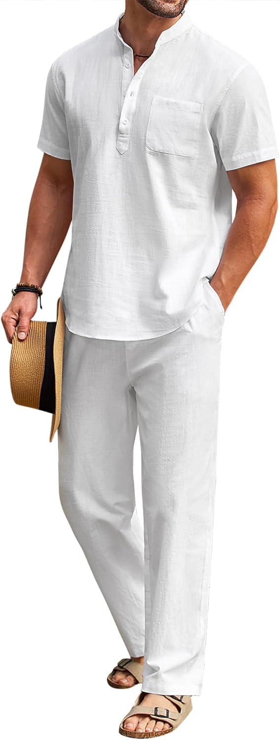 COOFANDY Men's 2 Pieces Cotton Linen Set Casual Short Sleeve Henley Shirts Beach...