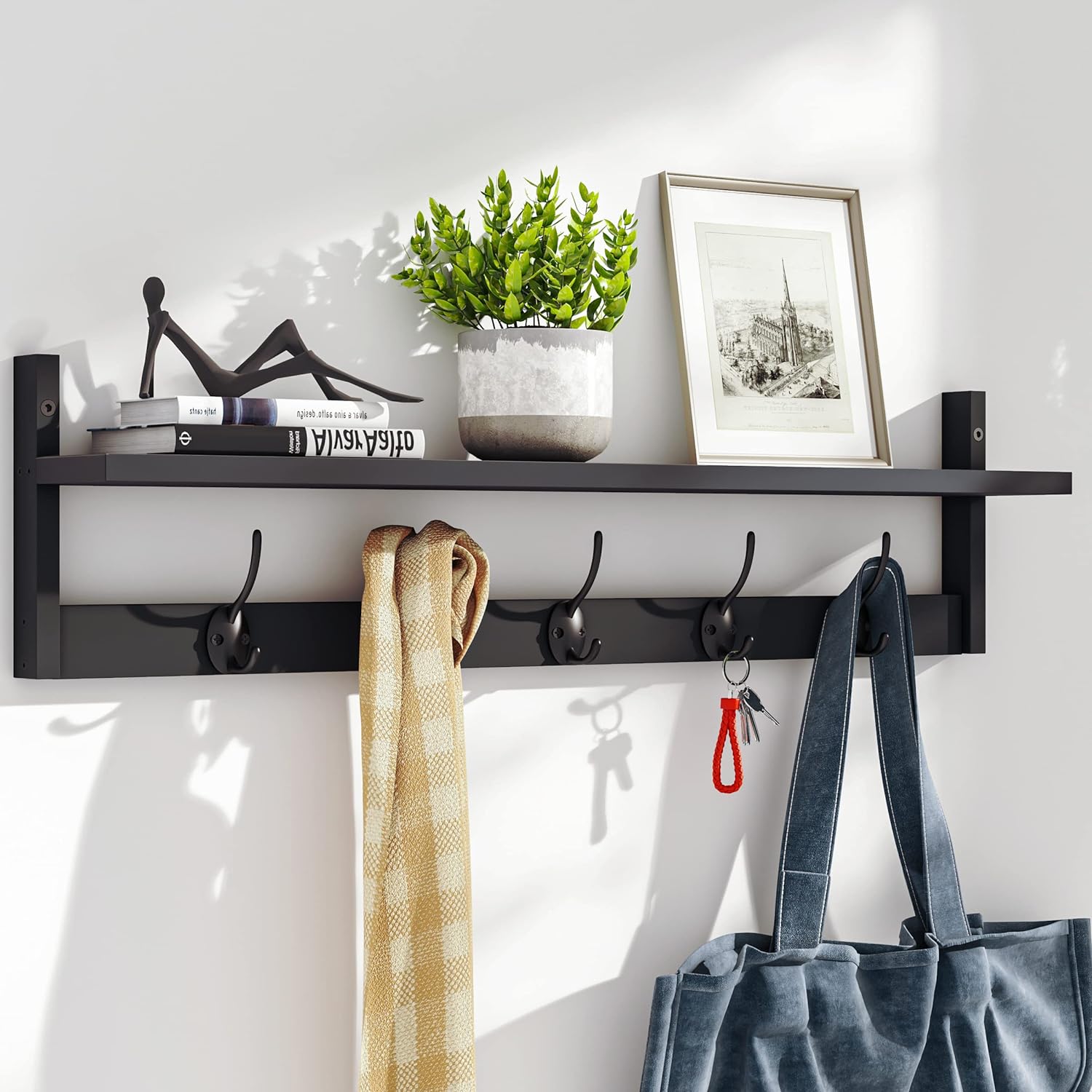 BAMEOS Wall-Mounted Shelf with Hooks - 28.9 Inch Entryway Hanging Shelf with 5 D...