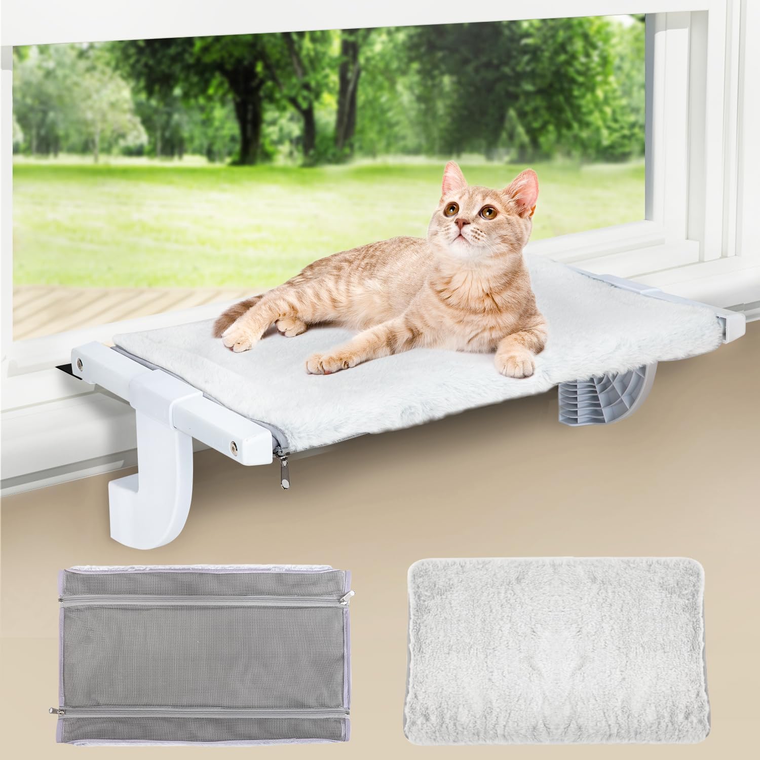 Window Sill Mount Cat Perch for Indoor Cats, One-Step Sliding Clamping Slot Adju...