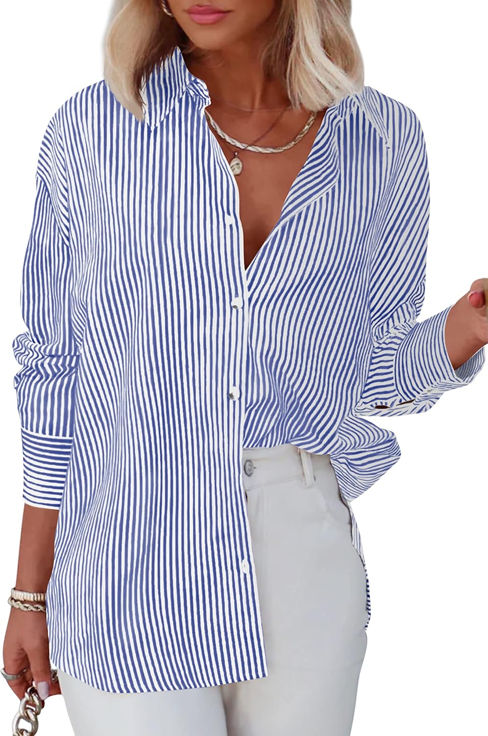 Diosun Womens Striped Button Down Shirts Classic Long Sleeve Stylish Collared Of...