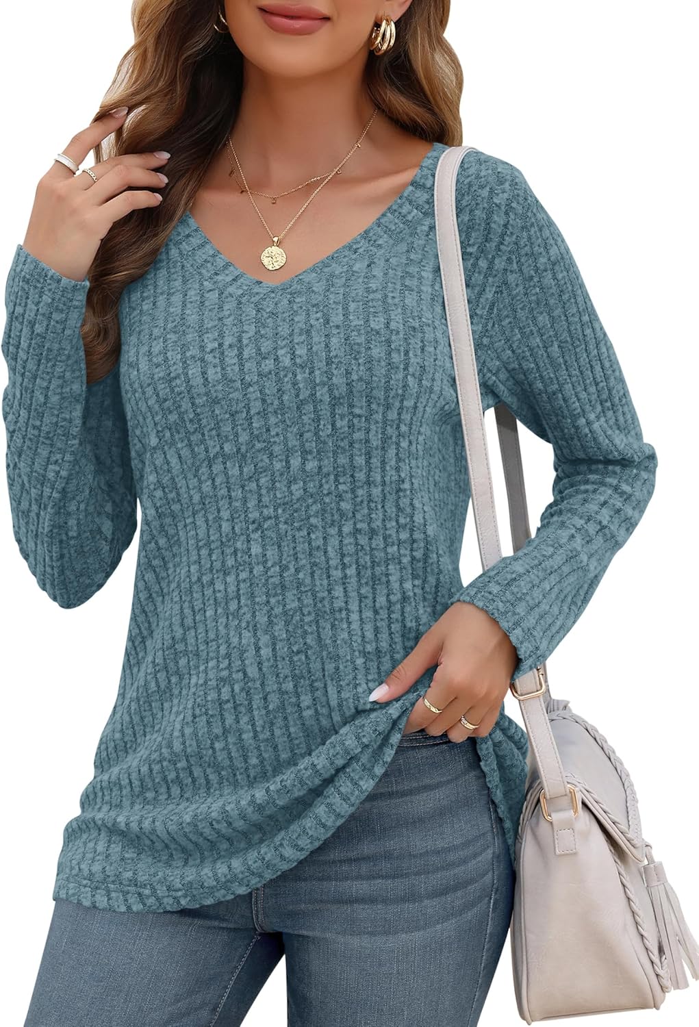 AUSELILY Womens Long Sleeve Shirts Casual V Neck Lightweight Tunic Tops Loose Sw...