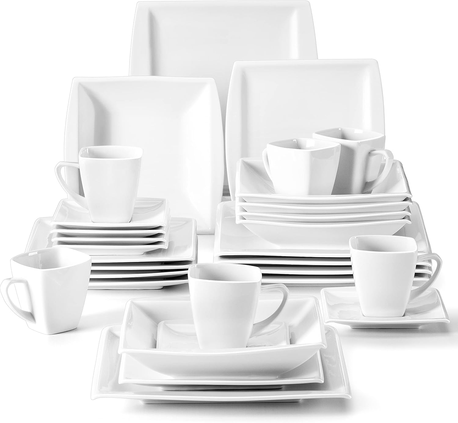 MALACASA Dinnerware Sets, 30 Pieces Ivory White Plates and Bowls Sets for 6, Squ...