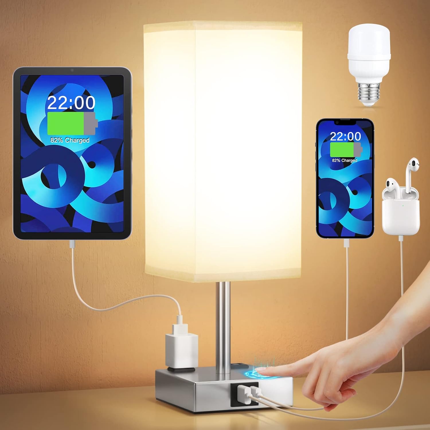 【Upgraded】Bedside Table Lamp Touch Control, with USB C+A Charging Ports & Dual...