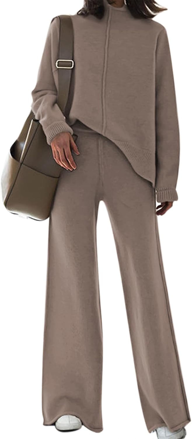 Fixmatti Women Knit Sweatsuit Turtleneck Sweater Top and Wide Leg Pant 2 Piece O...