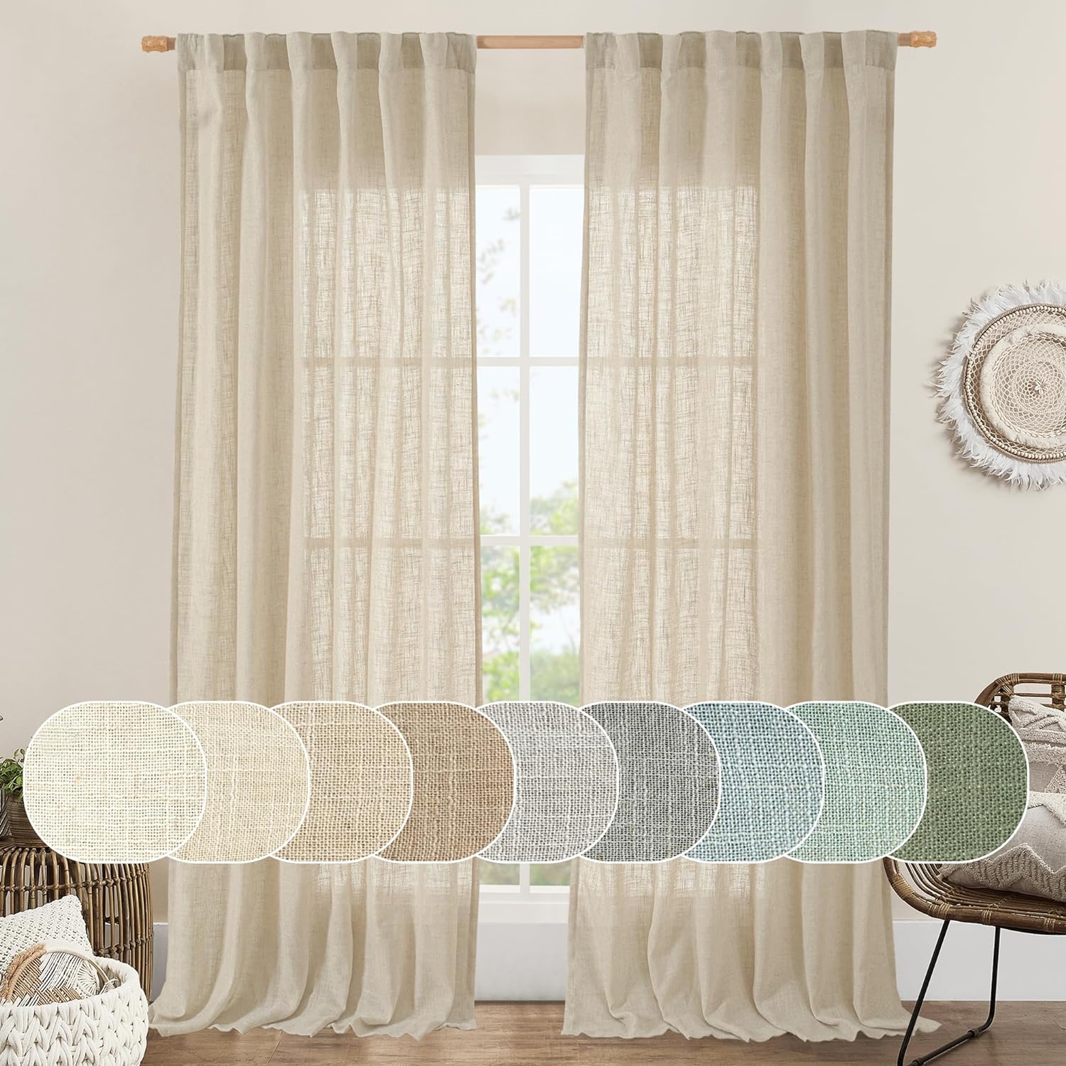 LAMIT Light Filtering Linen Curtains 84 inches Long for Bedroom, Faux Linen Text...