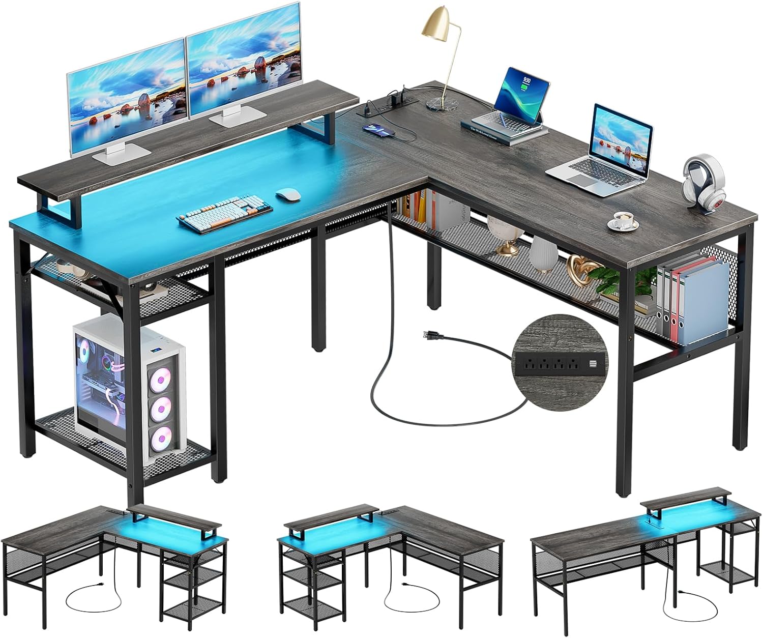Unikito L Shaped Computer Desk with Magic Power Outlets and Smart LED Light, Rev...