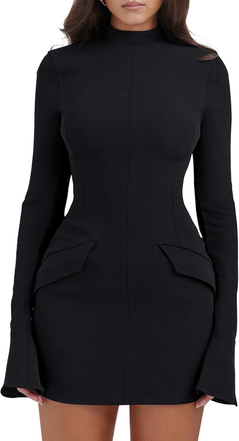 YMDUCH Women's Long Sleeve Mock Turtle Neck Bodycon Mini Tank Short Party Dress...